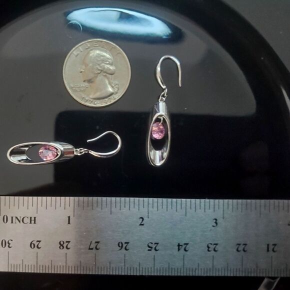Round Pink Crystal Long Dangle Fishhook Earrings on 925 Silver - Picture 6 of 10